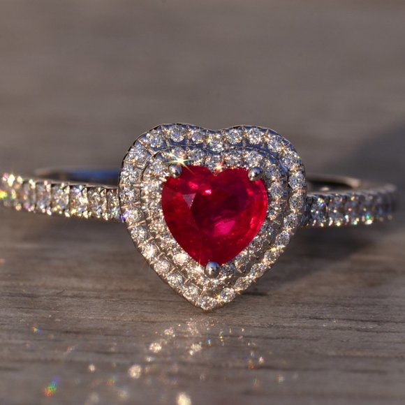 Heart Shaped Natural Ruby and Double Halo Natural Diamond Ring - Picture 7 of 10
